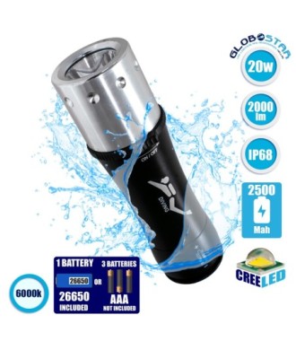 GloboStar® 79032 EXTREME Αδιάβροχος Φορητός Επαναφορτιζόμενος Φακός LED CREE XHP50 20W 2000lm & 1 x Μπαταρία 26650 2500mAh Li-ion IP68 Ψυχρό Λευκό 6000K